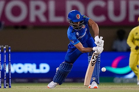 Ibrahim Zadran plays a shot against Uganda